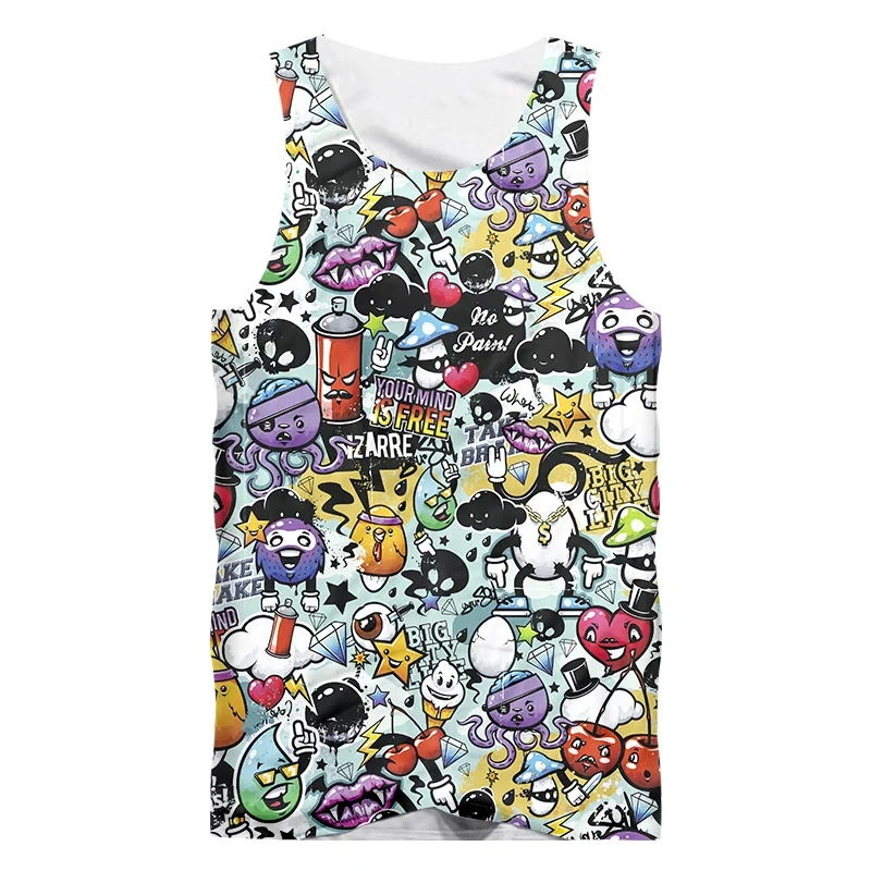 New Abstract Graffiti Patterns 3D Print Tank Tops Men's Streetwear Beach Oversized Fitness Gym Vest Sleeveless Tops Men Clothing