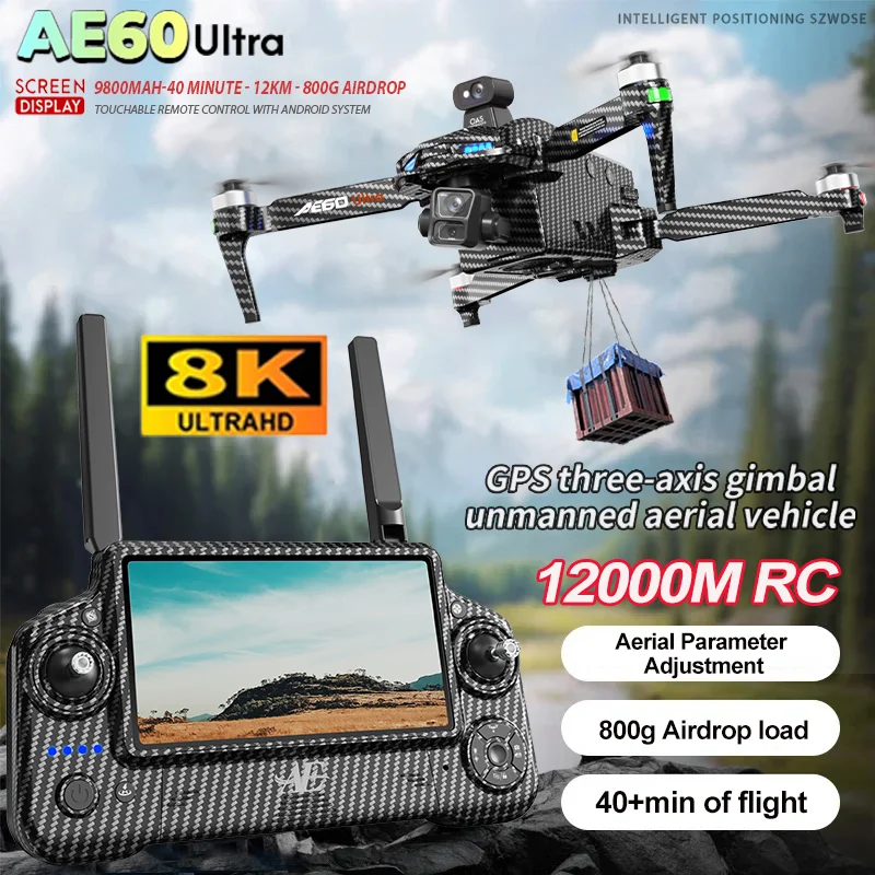 AE60 Ultra GPS Drone Profesional 8K HD Camera 3-axis gimbal Aerial Photography 12KM Obstacle Avoidance FPV Airdrop Fishing Drone