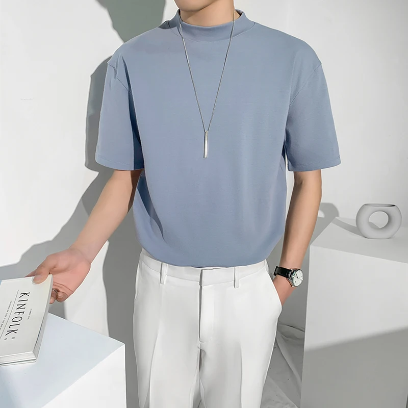 

Мужская летняя футболка свободного кроя с высоким воротником в корейском стиле, однотонная, из легкого хлопкового смесового материала