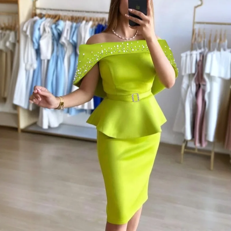 

Women Clothing New Strapless Shoulder Length Lotus Leaf Edge Dress For Parties Nail Bead Slim Green Hip Party Dresses 2025