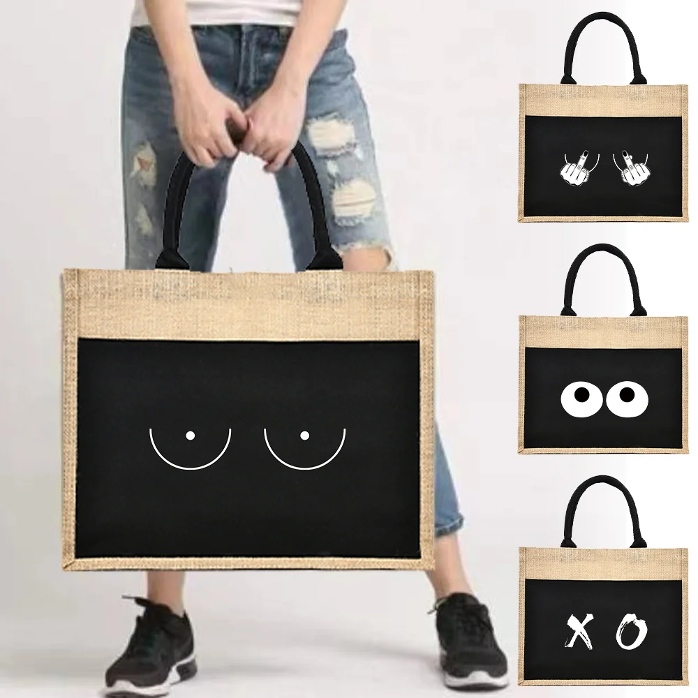 Women Burlap Tote Bag Beach Shopping Handbag Canvas Chest Print Linen Packaging Organizer in Bulk DIY Container Eco-friendly Bag