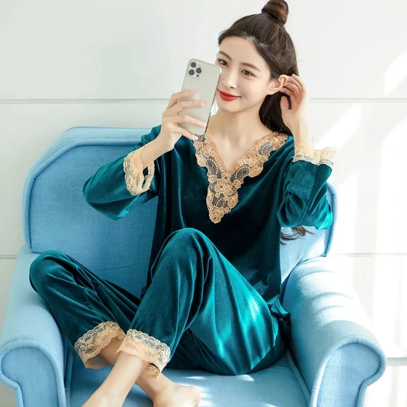 Velvet Lace Patchwork Pajama Sets Womens Spring Long Sleeve Sleepwear Casual Soft Pants Loungewear Suits Loose Nightwears