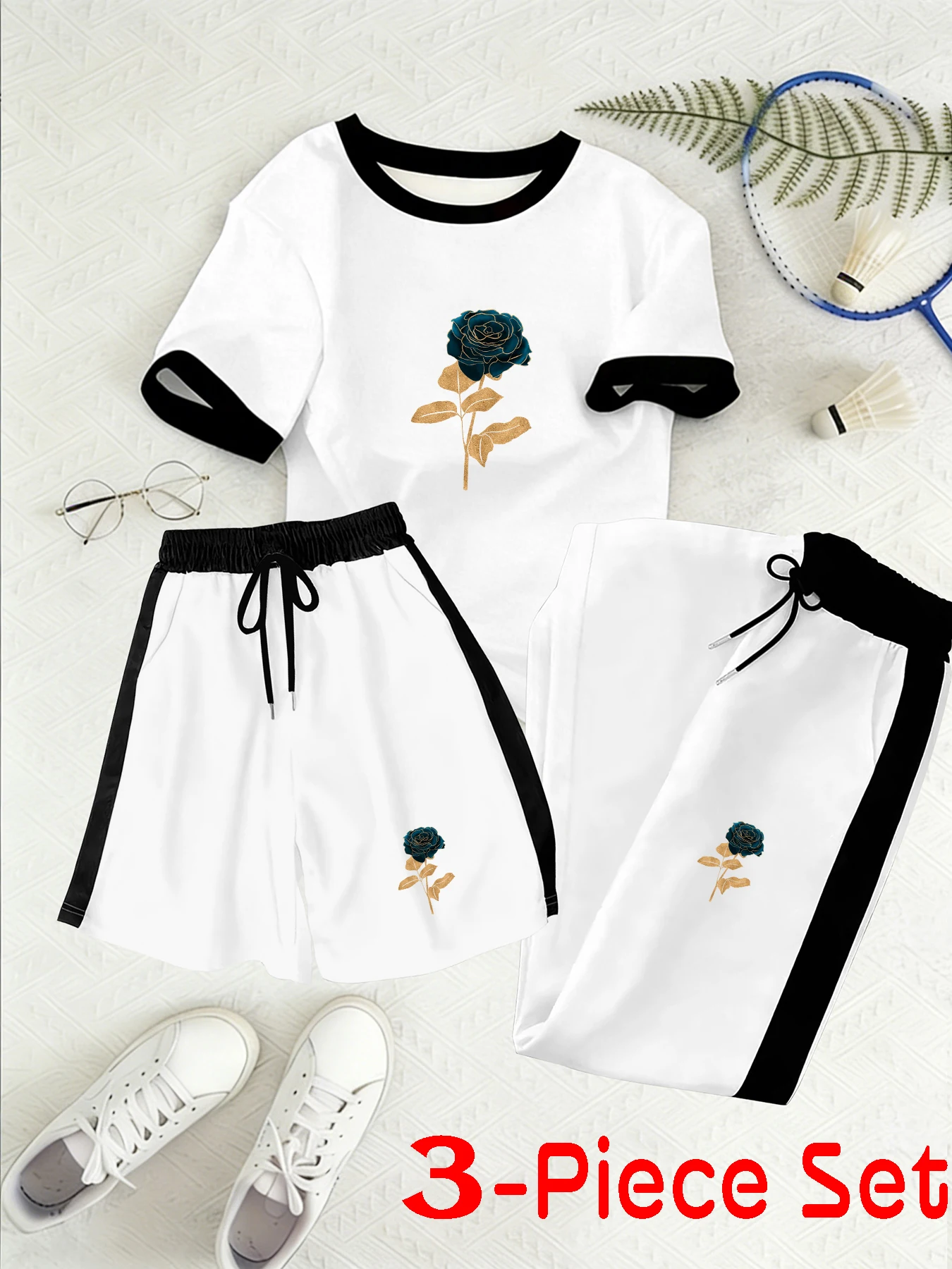 French-Style Elegant Rose-Themed Rose Branch and Leaf Pattern Printed Women's Three-Piece Set: Short-Sleeve T-Shirt, Shorts, and Long Pants Casual Sports Suit for Summer Daily Commuting, Outings, Shopping, and Home Wear, Suitable for Multiple Occasions, Casual Versatile Set for Women