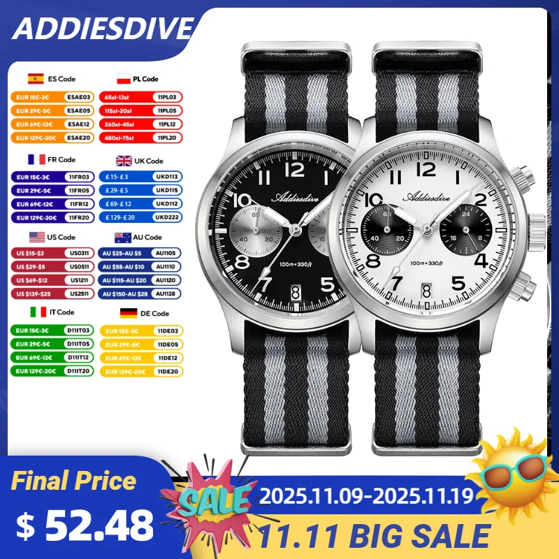 

ADDIESDIVE Quartz Watches VK64 Chronograph Panda Dial Sapphire Glass Waterproof 100m BGW9 Luminous Luxury Men's Watch AD2538