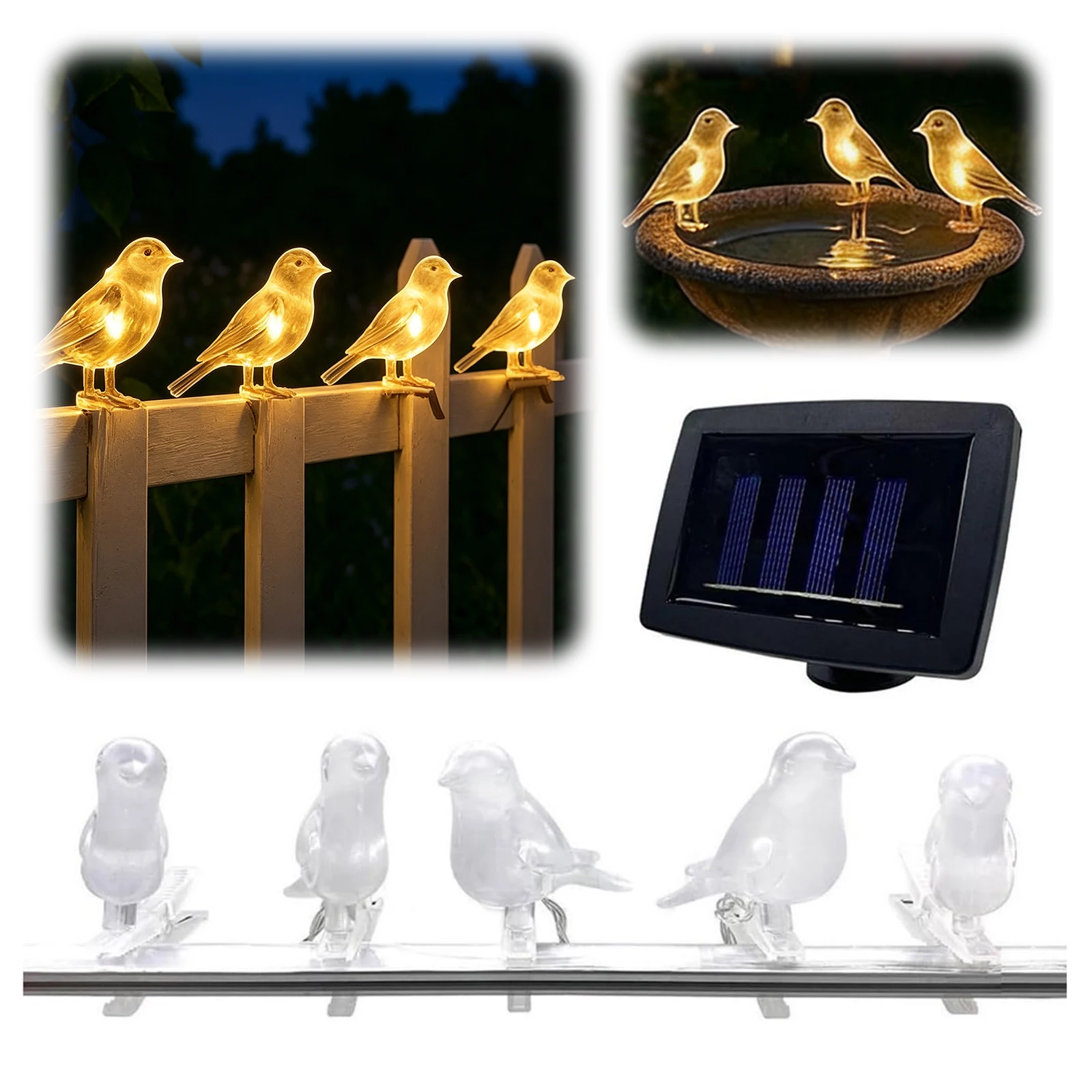 LED Solar Bird Clip On String Lights 2 Modes Cute Clip Bird String Light Luminous Birds Decoration Lamp for Pathways & Fences