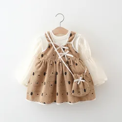 3/Piece Set Of Girls' Dresses Bags Spring And Autumn Baby Girls' Bubble Sleeves Tops Full Body Printed Suspenders Dresses