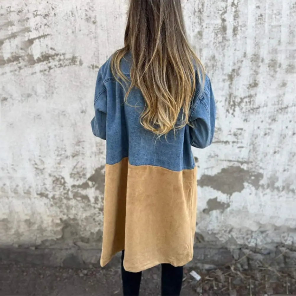 Women Denim Coat 2025 New Cowboy Suit Jacket Women's Jackets Fashion Long Sleeves Female Colorblock Mid Length Lady Overcoat