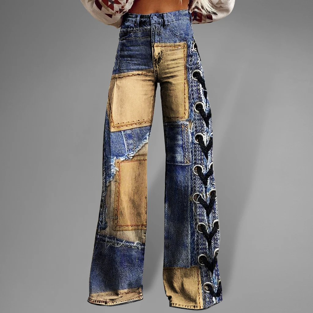 Fashion Women's High Waist Full Cloth Patchwork High Waist Wide Leg Pants Casual Spring Summer Women's Street Casual Trousers