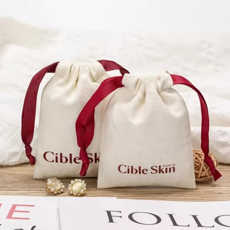 Custom Logo Natural Canvas Cotton Bag Double String Drawstring Bag  Ring Packaging Bags Wedding Party bag