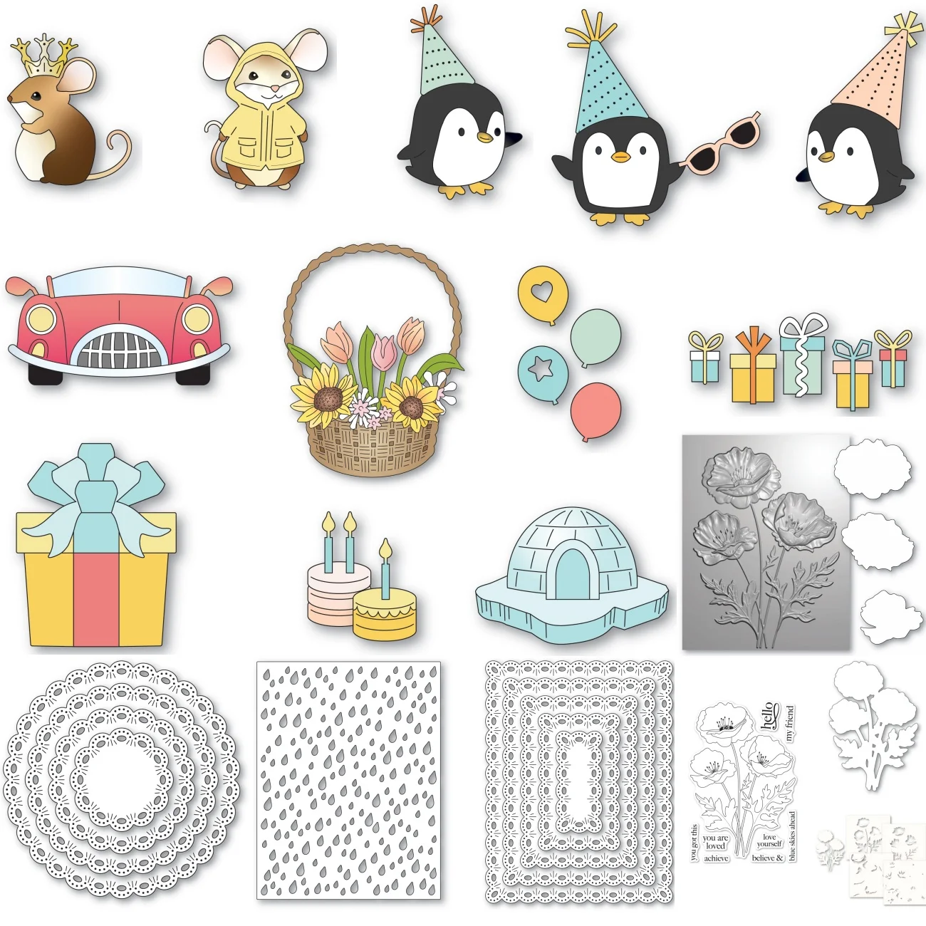 Mouse Poppies Car Gift Penguin Eyelet Circle Metal Cutting Dies Clear Stamps Stencil Hot Foil for DIY Decorating Scrapbook
