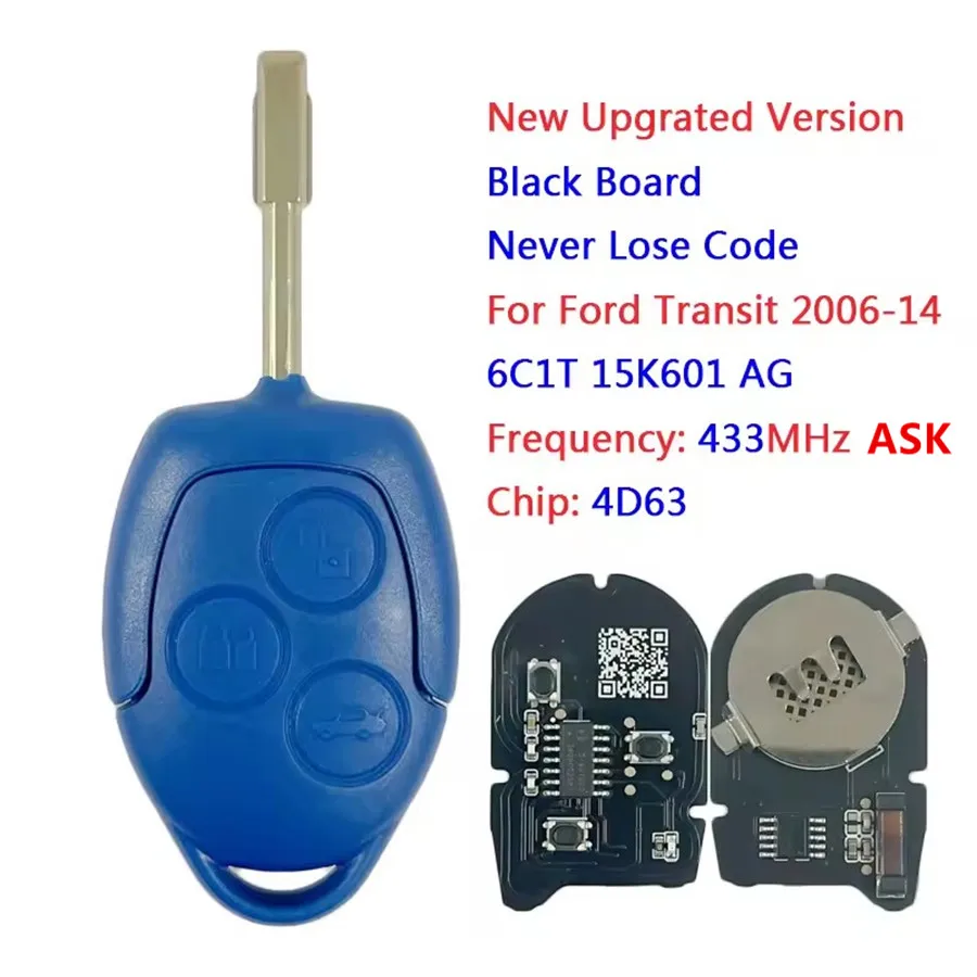 KEYECU Aftermarket 3Button Blue Remote Car Key FOB 433MHz ASK 4D63 Chip for Ford Transit WM VM 2006-2014 P/N: 6C1T15K601AG