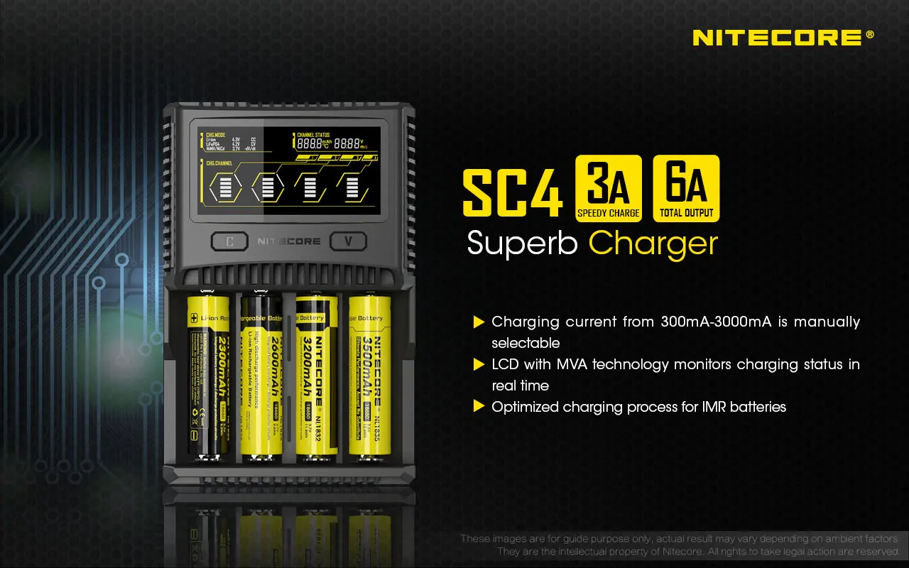 NITECORE SC4 شاحن رائع للشحن الأسرع مع 4 فتحات 6A إجمالي الإخراج متوافق مع بطارية IMR 18650 14450 16340 AA