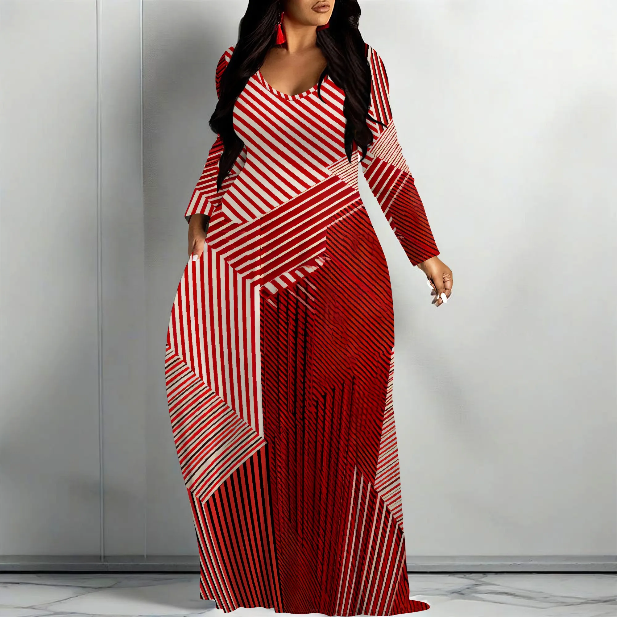 

Nupusa Red White Stripe Geometric Print Dress for Women Regular Size Summer Casual Round Neck Long Sleeve Maxi Dress