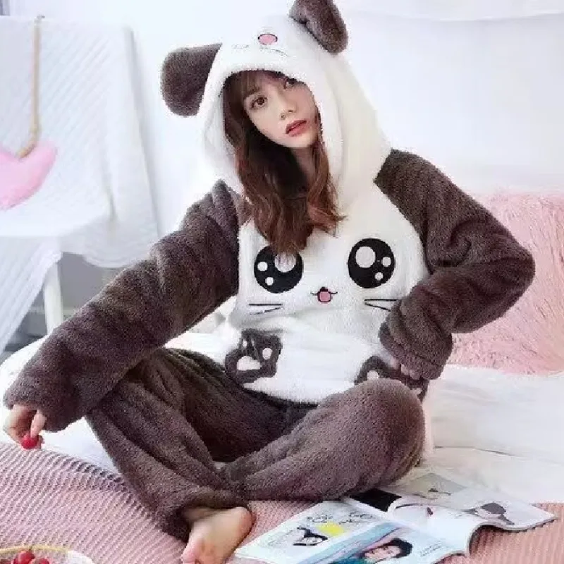 2024-new-coral-fleece-warm-women-pajamas-thickening-hooded-long-sleeve-women-2-piece-outfit-set-cute-printing-women-home-clothes