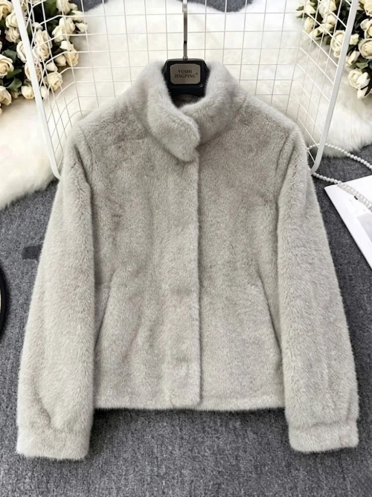 AACHOAE Women Faux Fur Jacket Winter Coat Stand Collar Long Sleeve Snap Button Warm Loose Casual Elegant Outerwear