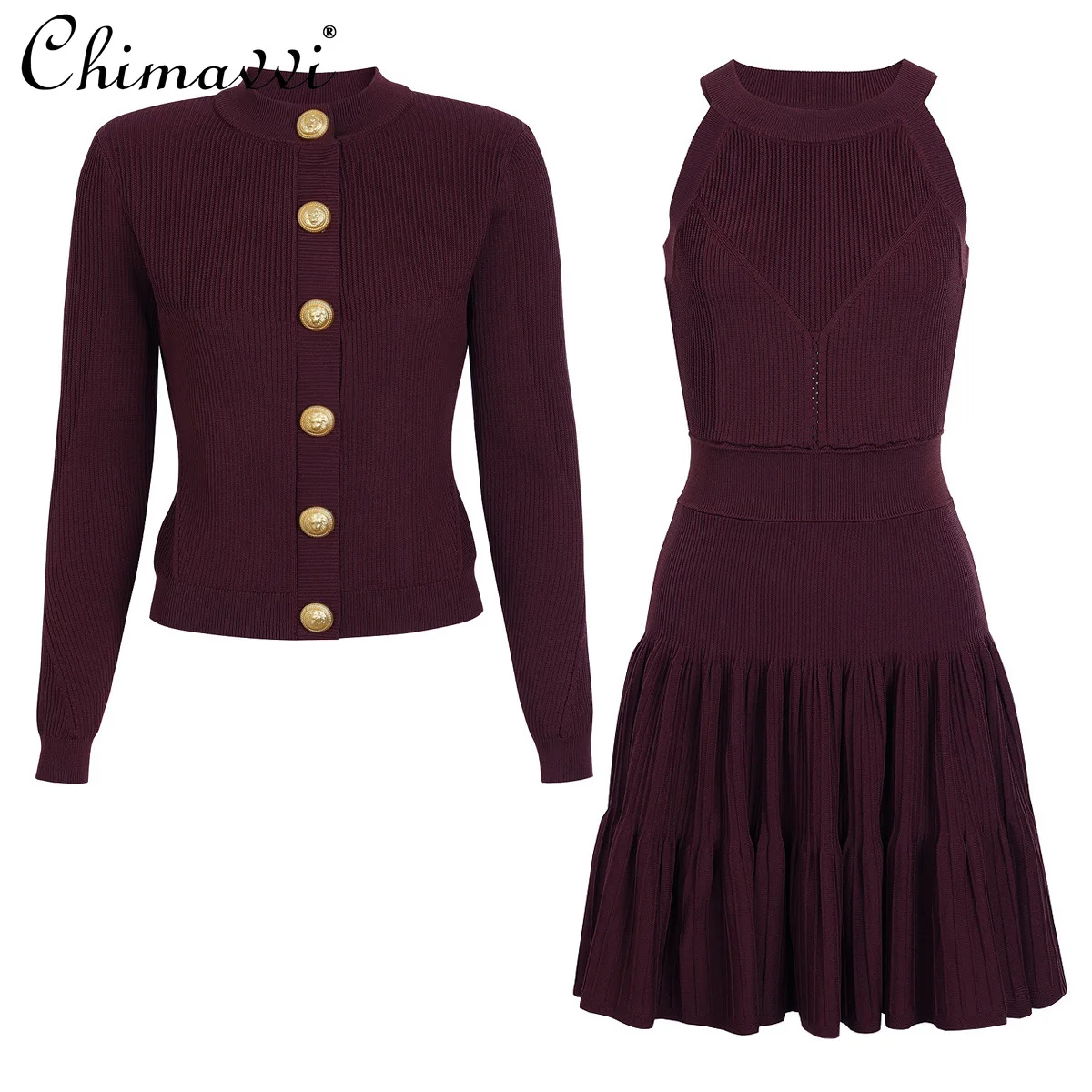 

High-End Dress Sets Fashion Dark Pattern Long-Sleeved Single-Breasted Knitted Top Halter Sleeveless Dress Women Two-Piece Set