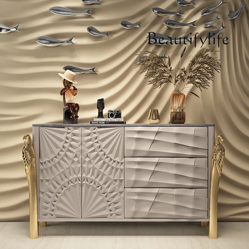 

1solid wood rock slab dining side cabinet, minimalist door cabinet, light luxury style home shoe cabinet, living room locker