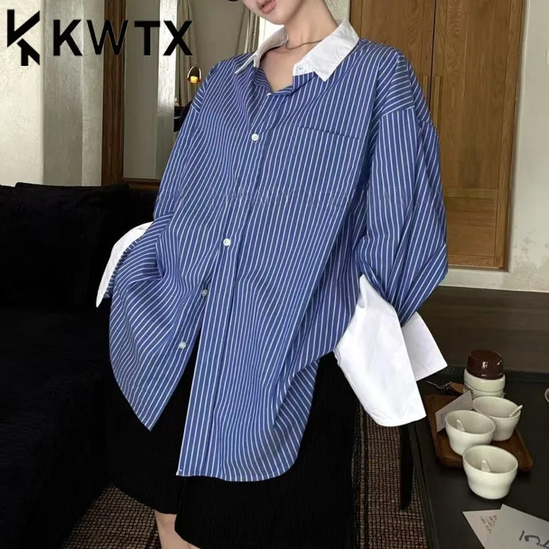 

KWTX SS2025 Striped Color Block Blouse Lapel Loose Fit Chic Party Top Slimming Elegant Premium Comfort Spring Summer