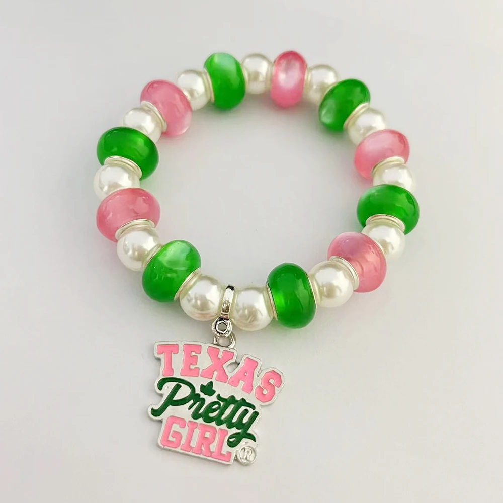 Greek letters texas pretty girl pendant pink green bead bracelet