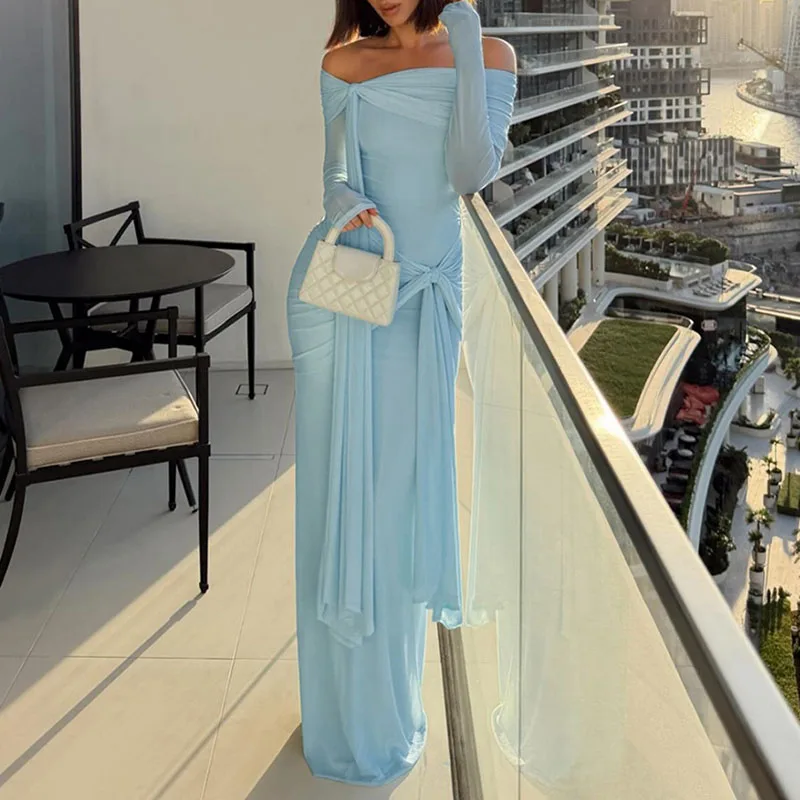 2026 Sommer Sexy Einfarbiges Langarmkleid Neues Temperamentvolles One-Shoulder-Kleid Elegantes Figurbetontes Abendkleid mit Trägern