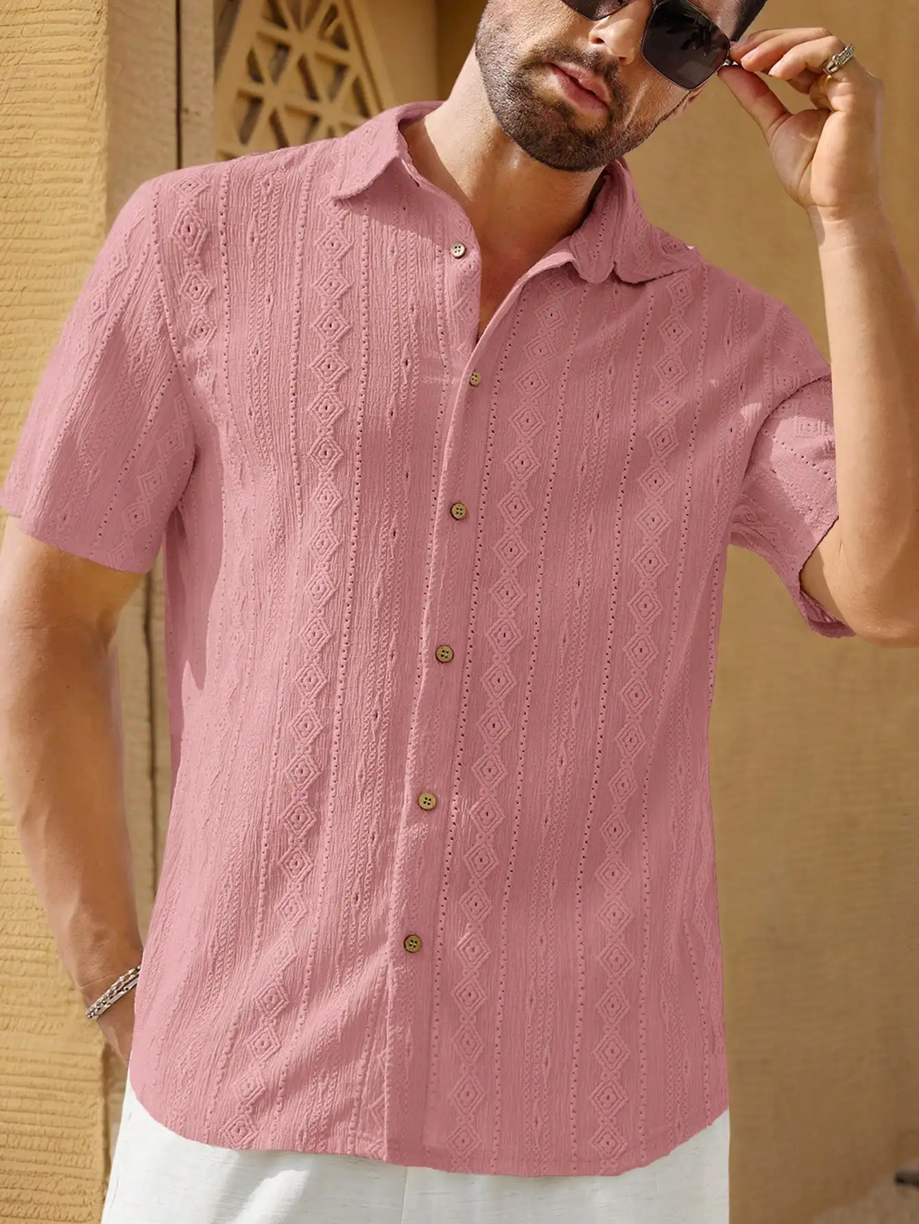 

Men's Pink Embroidered Diamond Pattern Short Sleeve Casual Shirt