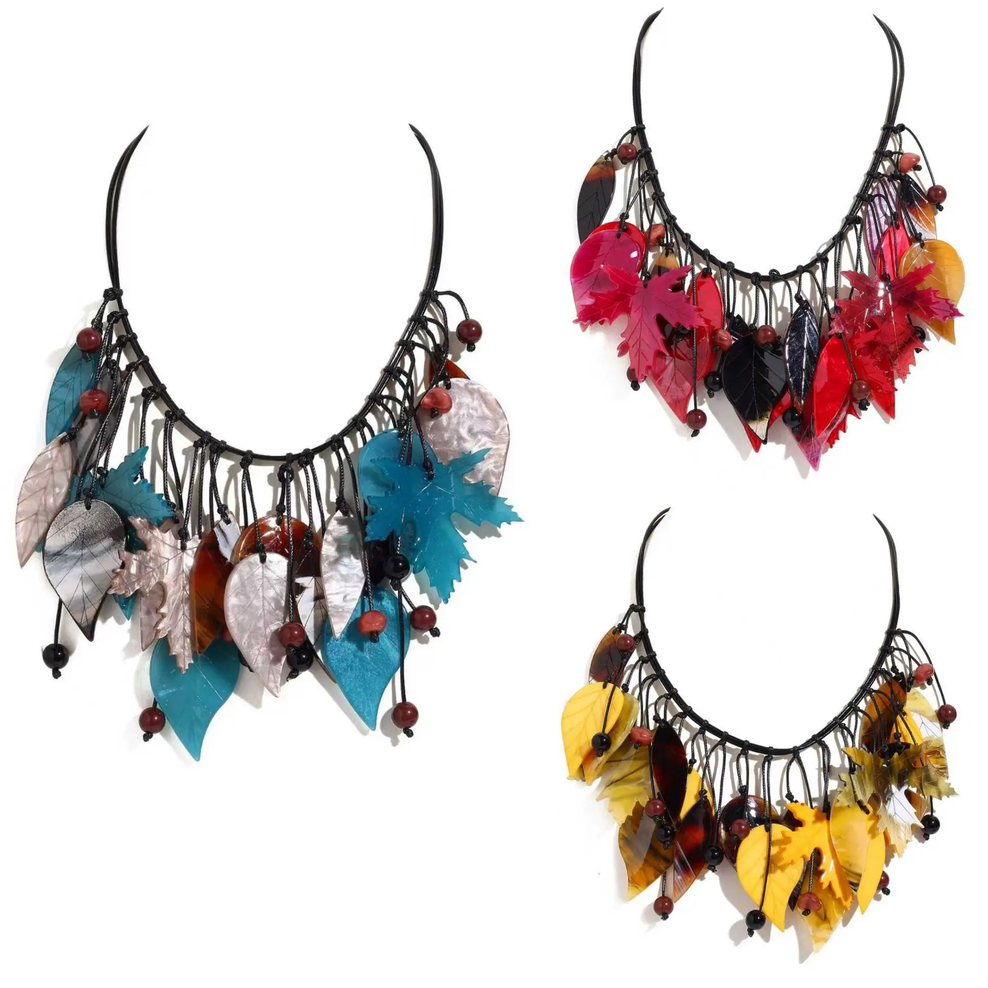

DIY accessories Ethnic style acrylic leaf necklace, hand-woven fringed neck chain, retro Mori exotic style female collarbone cha
