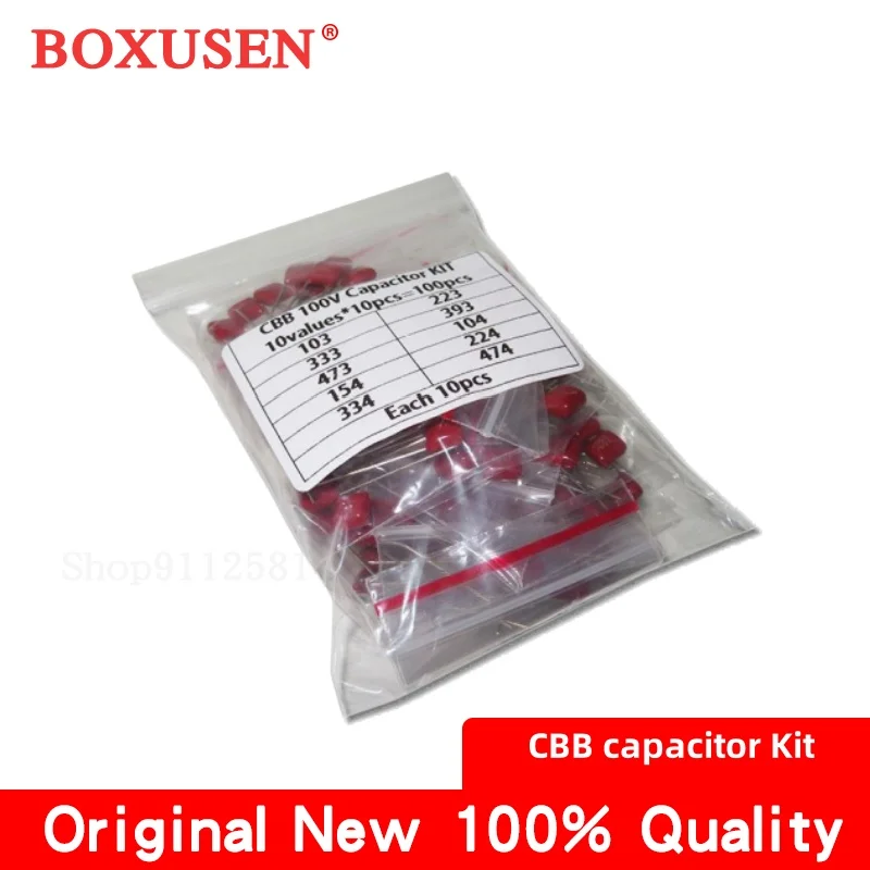 

100PCS 10Value 100V CBB Metallized Polyester Film Capacitor Kit 10nF~470nF Assortment DIY Electronic Components Set