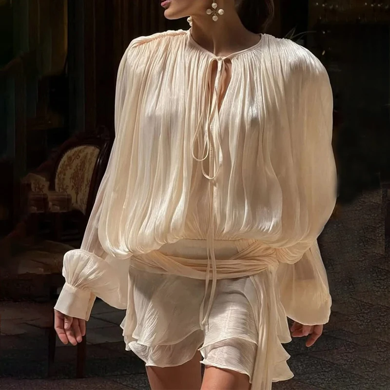 

Talenza Solid Ruffled Dress Women's Lace Up V Neck Lantern Long Sleeves Chiffon Mini Dress Female Fashion Vacation Loose Dresses