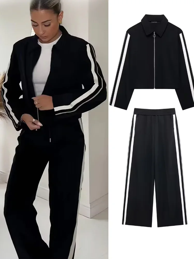 Nowe damskie czarne spodnie casualowe na rok 2024, sportowy krótki żakiet + damskie spodnie baggy w stylu vintage z czarno-białym patchworkiem, styl uliczny.
