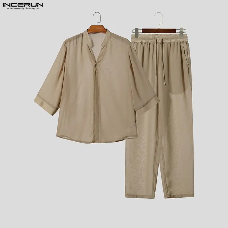 INCERUN Men's Sets Solid Color V Neck Half Sleeve Shirt Pants Two Piece Sets Streetwear Loose 2026 Men Matching Sets Tracksuits
