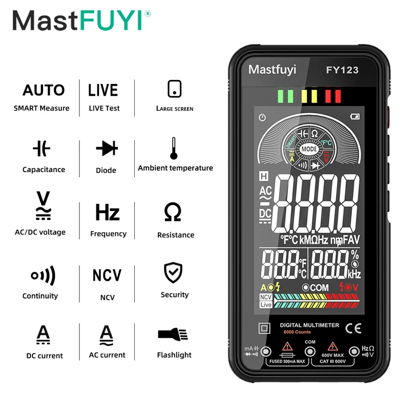 MASTFUYI FY123 Digital Multimeter Electrician Handheld Multimeter Professional Multimeter Current and Voltage Diode Detection