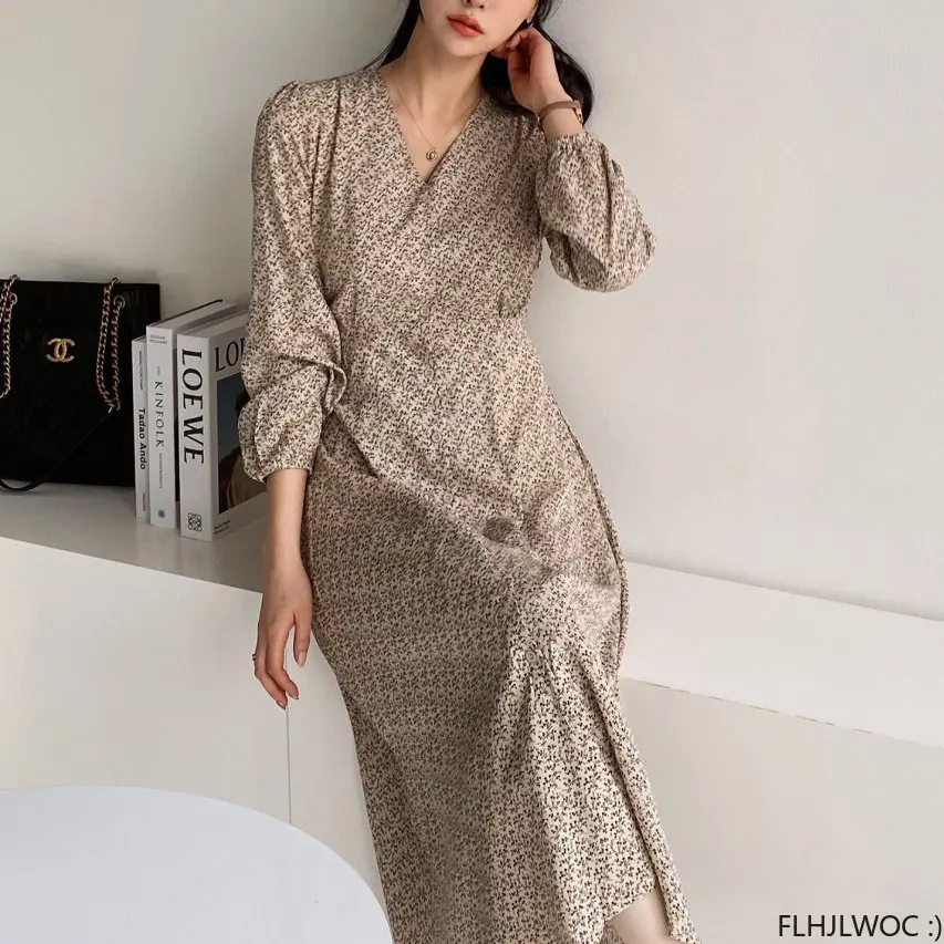 2023ขายร้อนผู้หญิง Vestidos แฟชั่นสำหรับผู้หญิงเกาหลีเก๋สไตล์ญี่ปุ่น V คอเดี่ยวปุ่ม Elegant Dress KAOS Panjang