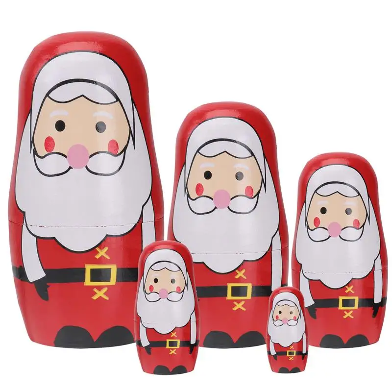 

5Pcs 5-Layer Santa Claus Russian Christmas Pattern Painted Wooden Russian Nesting Dolls Matryoshka Collection Toy Gift