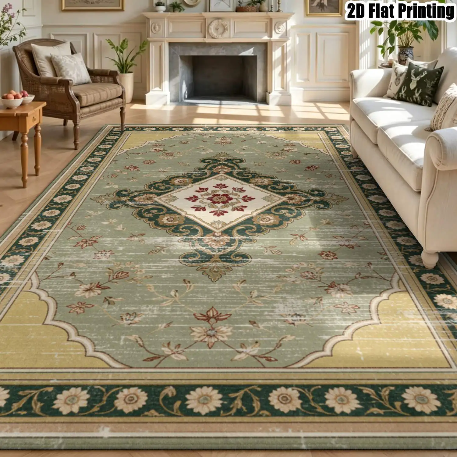 1Pc 2D Printed Retro Green Floral Carpet, Home Decor, Multi-Size, Machine Washable, Multi-Scene Use