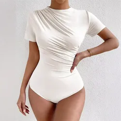 Women luxury solid color spring and summer new slim-fit draw pleated short sleeve onesie T-shirt for women