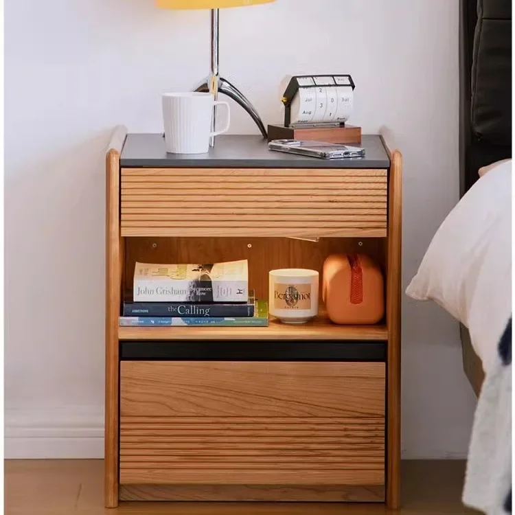 bedside table, small solid wood rock slab, storage cabinet, cherry wood home bedroom, ultra-narrow bedside table with lamp