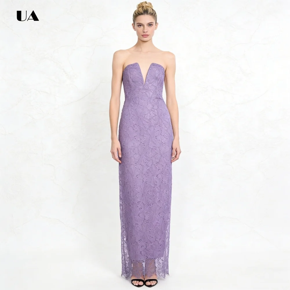 ULBYANRY Sleeveless Column Prom Dress, Solid Lace Evening Dress with Back Slit, Simple V-neck Customized Party Gowns for Women