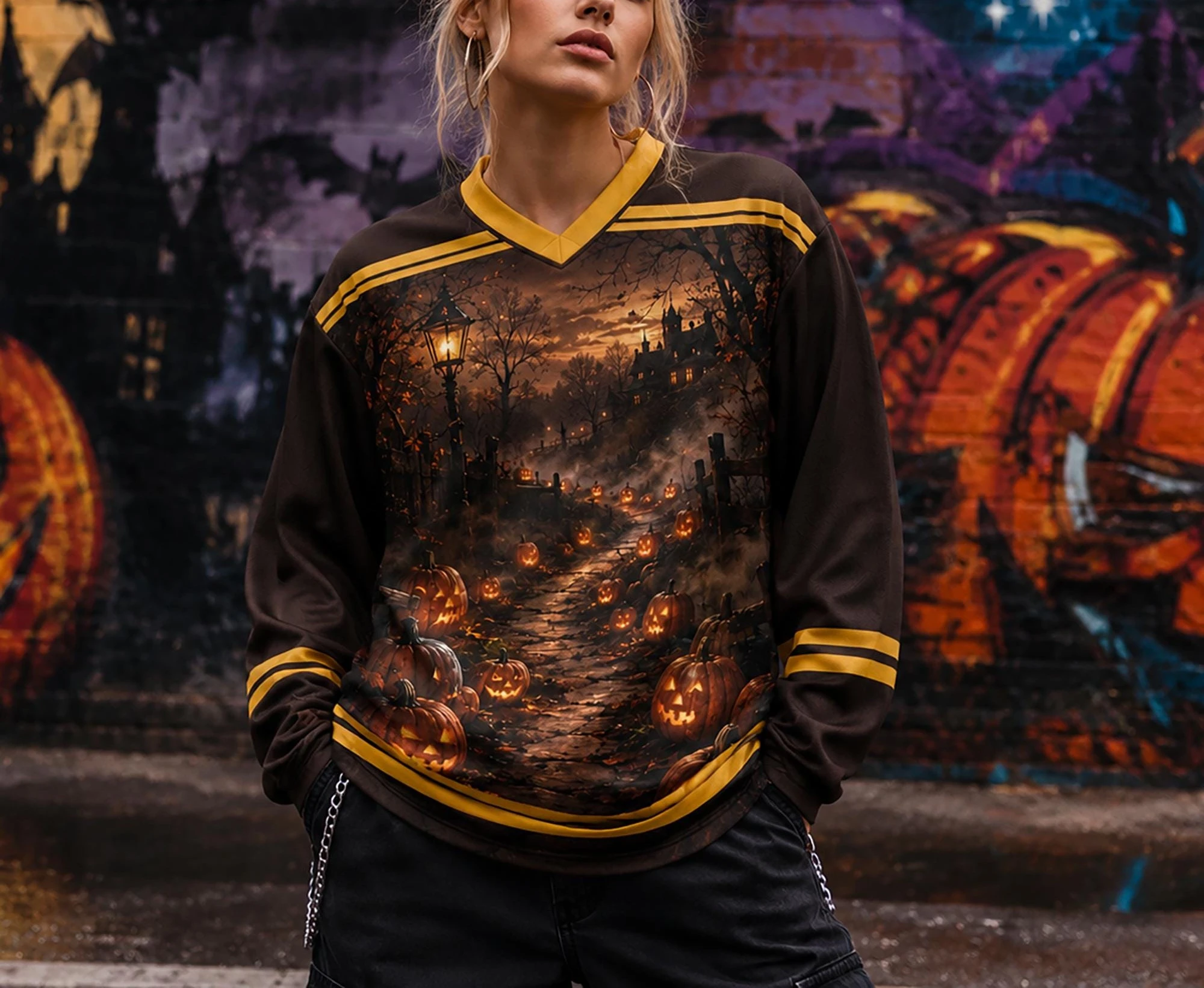 Retro Halloween Jack‑o‑Lantern Graphic Hockey Jersey 3D Print Oversized Long Sleeve Streetwear Festival Tops Family Matching