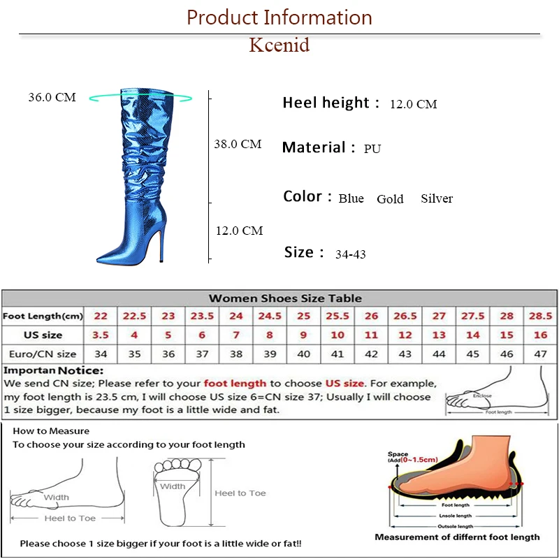 Kcenid 2024 Autumn Winter Gold Silver Leather High Heels Knee High Boots Pleated Pointed Boots Performers Party Women Shoes