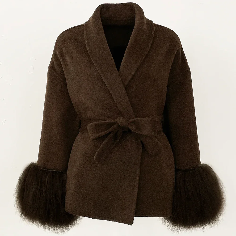 معطف 2025 معطف صوف من فرو الثعلب معطف صوفي مرقع جميل من الفرو المنغولي للنساء سترة صوف للخريف والشتاء معطف بارد للنساء