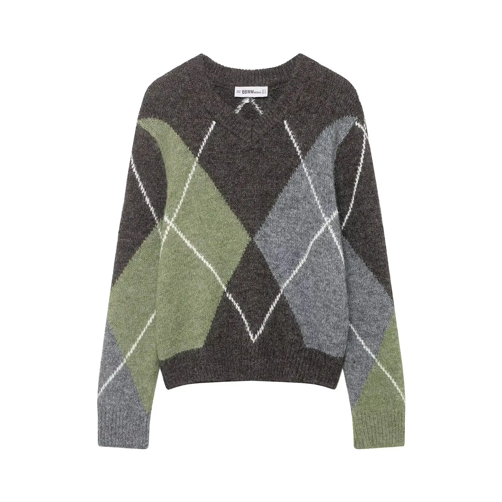 

2025 new winter style retro color matching rhombus narrow V-neck sweater sweater loose design long-sleeved top trendy