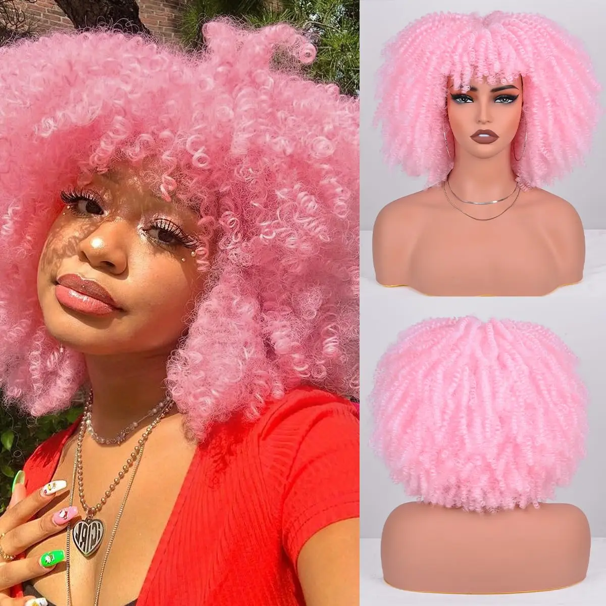 WIGERA Synthetic Afro Pink Curly Wig With Bangs For Black Women Heat Resistant Hair For African American Halloween Party Cosplay