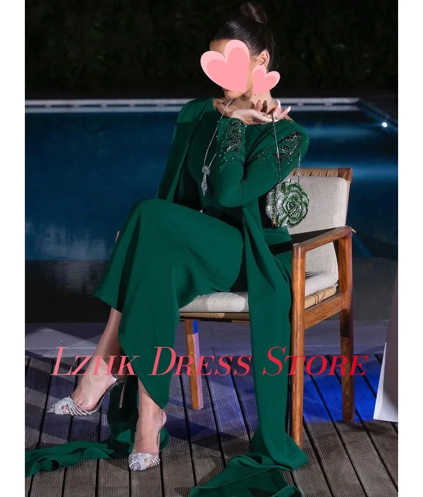 맞춤형 공식 저지 스트레이트 크리스탈 진주 이브닝 드레스 고품질 긴 소매 오-넥 바닥 길이 연예인 가운