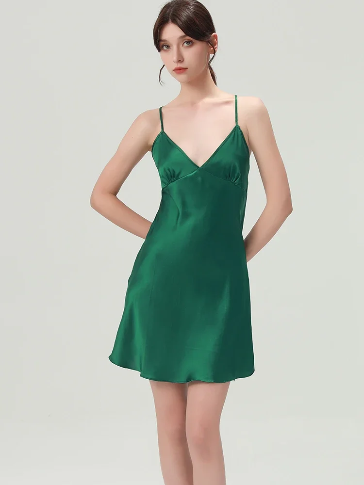 

100% Mulberry Silk Women's Sexy Nightdress V Neck Sleep Dress Nightgown Real Silk Mini Slip Dress Backless Chemise Loungewear PJ