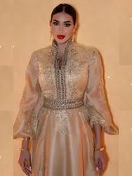Elegant Moroccan Gold Evening Dresses Long Sleeves A Line Arabic Formal Ocn Gown Appliques High Neck Satin Celebrity Party Dress