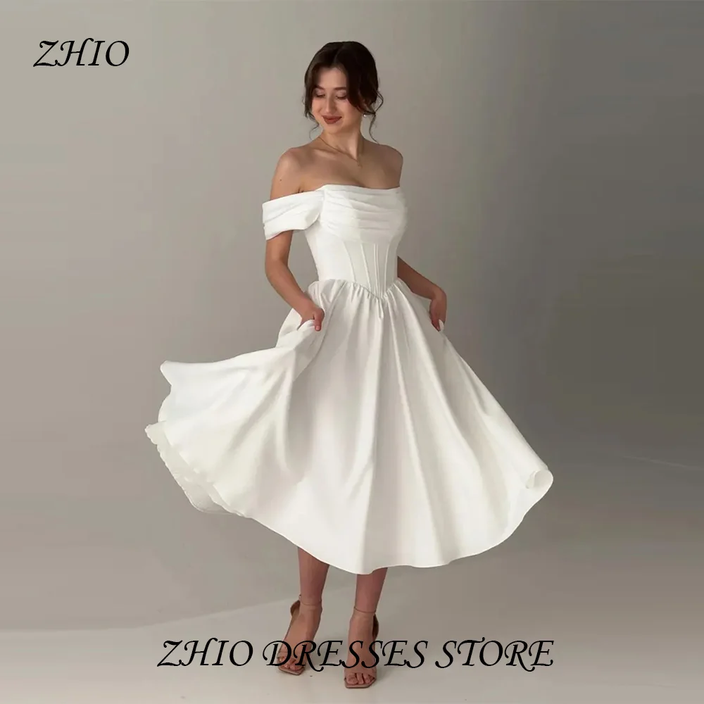 ZHIO หรูหราซาติน A-Line ชุดแต่งงานมินิการ์ดสีขาว Backless พับชุดเจ้าสาวชายหาดฤดูร้อนชุดแต่งงานที่กําหนดเอง