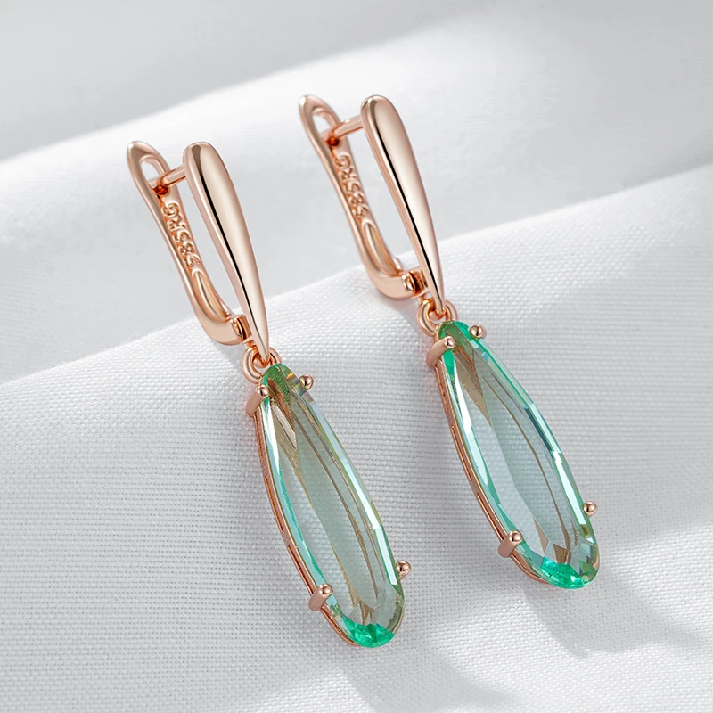 Kinel Fashion Unique Green Stone Long Drop Earrings for Women Geometry Natural Zircon 585 Rose Gold Color Daily Vintage Jewelry