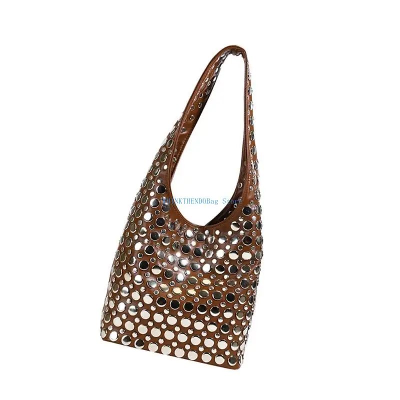 

63HC Fashion Bucket Bag With Studs Embellishments PU Shoulder Handbag Evening Armpit Purse For Parties And Casual Wear