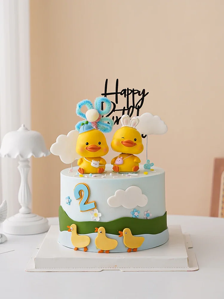 Creative Styling Cartoon Little Yellow Duck Birthday Cake Topper Decoration Doll Resin Duckling Anniversary Fairy Tale Figurine