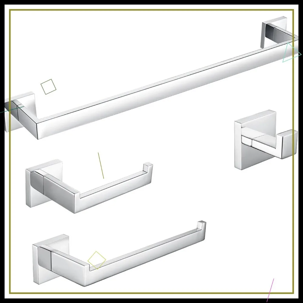 

4-Piece Stainless Steel Bathroom Hardware Set, Wall Mounted Towel Bar Rack with Polished Chrome Finish